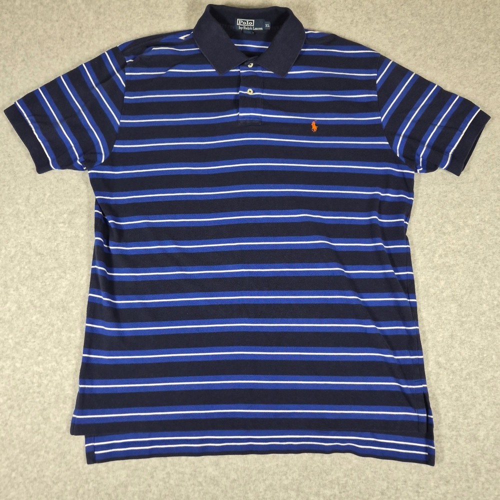 VTG Polo Ralph Lauren Polo Shirt Mens XL Blue Striped Orange Pony Logo